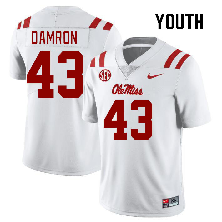 Youth #43 Jack Damron Ole Miss Rebels College Football Jerseyes Stitched Sale-White